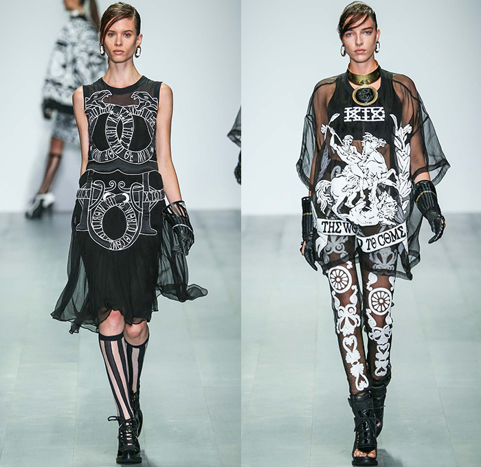 KTZ 2015 Spring Summer Womens Runway Catwalk Looks - London Fashion Week - London Collections Women British Fashion Council UK United Kingdom - Ancient Greece Sporty Dress Sweater Jumper Mesh Outerwear Coat Lace Neoclassicism Ornamental Decorative Art 3D Embellishments Cone Hat Coin Head Pencil Skirt Frock Swimwear Gloves Gladiator Sandals Sheer Chiffon Cuffs Statues Snakes Gold Metallic Leggings Drapery Breastplate Coatdress