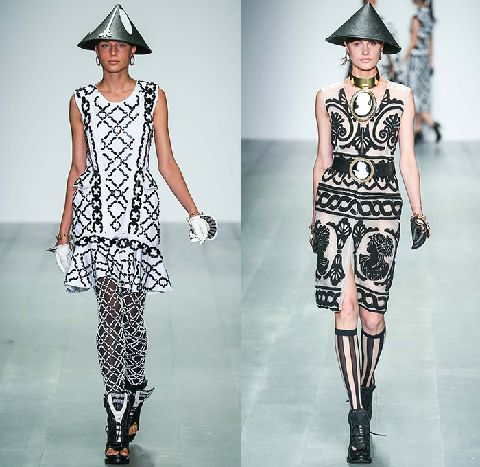 KTZ 2015 Spring Summer Womens Runway Catwalk Looks - London Fashion Week - London Collections Women British Fashion Council UK United Kingdom - Ancient Greece Sporty Dress Sweater Jumper Mesh Outerwear Coat Lace Neoclassicism Ornamental Decorative Art 3D Embellishments Cone Hat Coin Head Pencil Skirt Frock Swimwear Gloves Gladiator Sandals Sheer Chiffon Cuffs Statues Snakes Gold Metallic Leggings Drapery Breastplate Coatdress