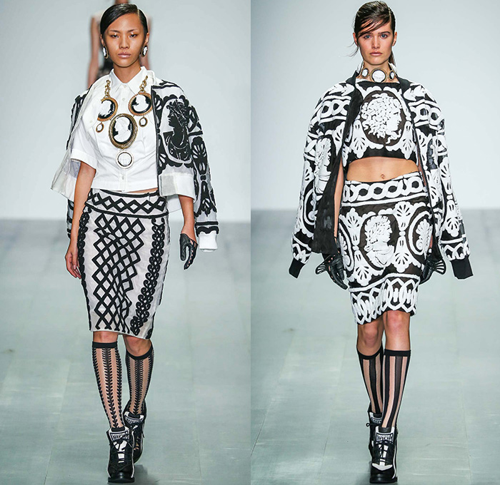 KTZ 2015 Spring Summer Womens Runway Catwalk Looks - London Fashion Week - London Collections Women British Fashion Council UK United Kingdom - Ancient Greece Sporty Dress Sweater Jumper Mesh Outerwear Coat Lace Neoclassicism Ornamental Decorative Art 3D Embellishments Cone Hat Coin Head Pencil Skirt Frock Swimwear Gloves Gladiator Sandals Sheer Chiffon Cuffs Statues Snakes Gold Metallic Leggings Drapery Breastplate Coatdress