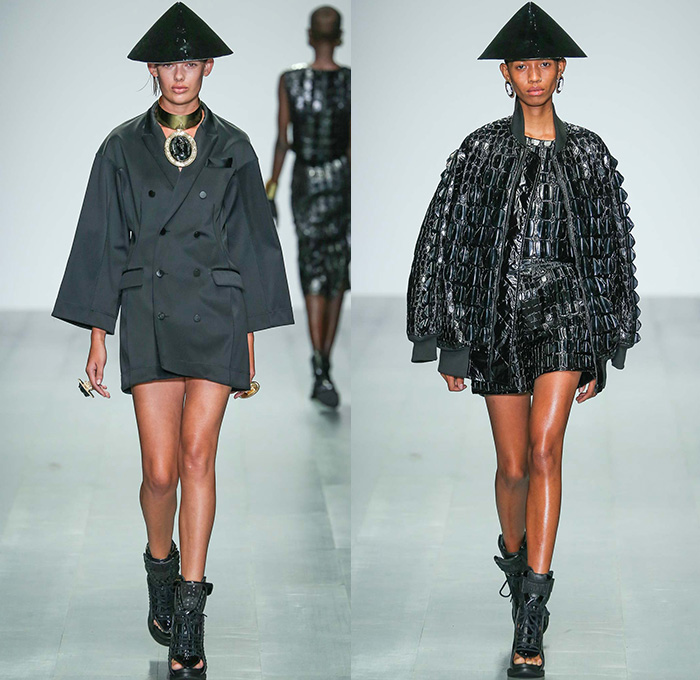 KTZ 2015 Spring Summer Womens Runway Catwalk Looks - London Fashion Week - London Collections Women British Fashion Council UK United Kingdom - Ancient Greece Sporty Dress Sweater Jumper Mesh Outerwear Coat Lace Neoclassicism Ornamental Decorative Art 3D Embellishments Cone Hat Coin Head Pencil Skirt Frock Swimwear Gloves Gladiator Sandals Sheer Chiffon Cuffs Statues Snakes Gold Metallic Leggings Drapery Breastplate Coatdress