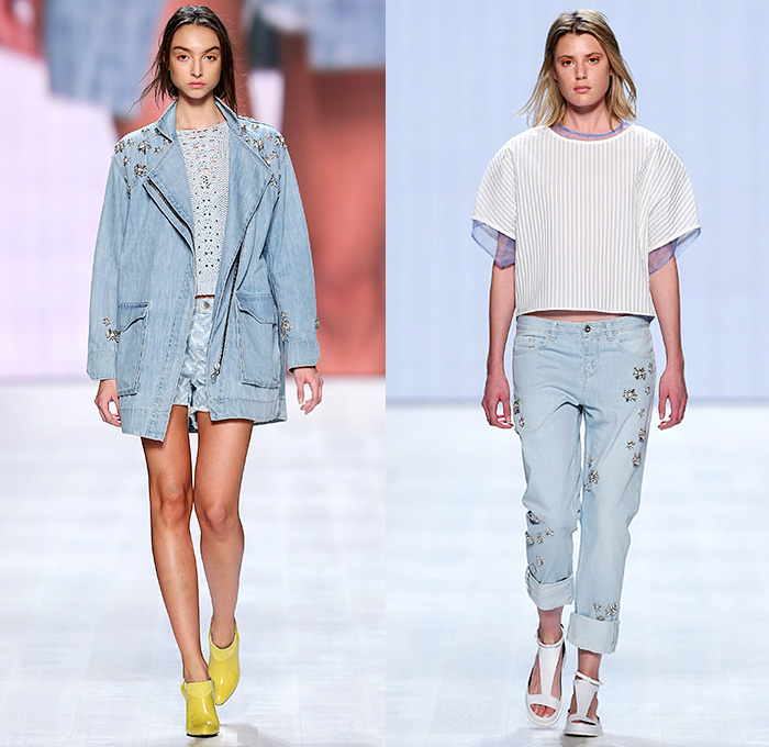 lala Berlin 2015 Spring Summer Womens Runway Catwalk Looks - Mercedes-Benz Fashion Days Zurich Switzerland Swiss - Denim Jeans Steel Pattern Trucker Jacket Knit Flowers Suit Culottes Mesh Sheer Chiffon Embroidery 3D Embellishments Adornments Outerwear Coat Bejeweled Stripes Pink Sweater Jumper Florals Maxi Dress Noodle Spaghetti Strap Handkerchief Hem Pantsuit Blazer Shorts Cropped Pants