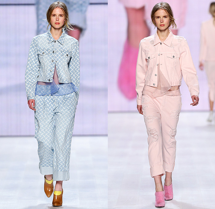 lala Berlin 2015 Spring Summer Womens Runway Catwalk Looks - Mercedes-Benz Fashion Days Zurich Switzerland Swiss - Denim Jeans Steel Pattern Trucker Jacket Knit Flowers Suit Culottes Mesh Sheer Chiffon Embroidery 3D Embellishments Adornments Outerwear Coat Bejeweled Stripes Pink Sweater Jumper Florals Maxi Dress Noodle Spaghetti Strap Handkerchief Hem Pantsuit Blazer Shorts Cropped Pants