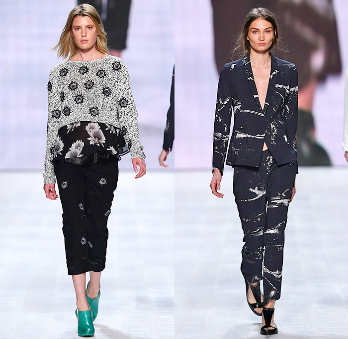 lala Berlin 2015 Spring Summer Womens Runway Catwalk Looks - Mercedes-Benz Fashion Days Zurich Switzerland Swiss - Denim Jeans Steel Pattern Trucker Jacket Knit Flowers Suit Culottes Mesh Sheer Chiffon Embroidery 3D Embellishments Adornments Outerwear Coat Bejeweled Stripes Pink Sweater Jumper Florals Maxi Dress Noodle Spaghetti Strap Handkerchief Hem Pantsuit Blazer Shorts Cropped Pants