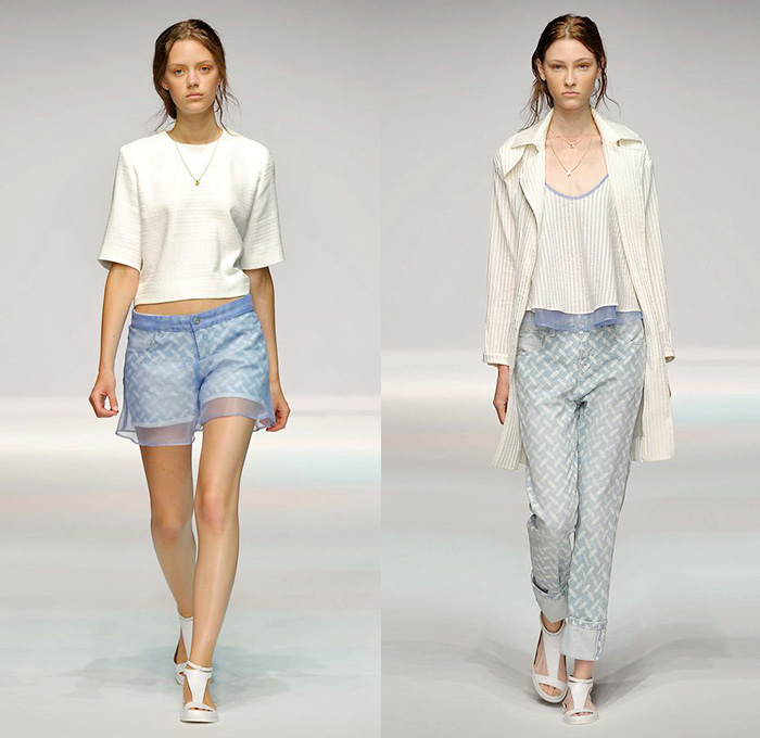 lala Berlin 2015 Spring Summer Womens Runway Catwalk Looks - Mercedes-Benz Fashion Days Zurich Switzerland Swiss - Denim Jeans Steel Pattern Trucker Jacket Knit Flowers Suit Culottes Mesh Sheer Chiffon Embroidery 3D Embellishments Adornments Outerwear Coat Bejeweled Stripes Pink Sweater Jumper Florals Maxi Dress Noodle Spaghetti Strap Handkerchief Hem Pantsuit Blazer Shorts Cropped Pants