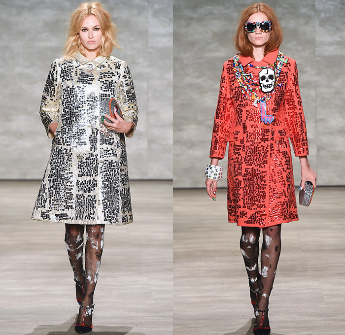 Libertine 2015 Spring Summer Womens Runway Catwalk Looks - Mercedes-Benz Fashion Week New York MBFW Designer Johnson Hartig - 1970s Seventies Pop Art 3D Embellishments Sequins Beads Devil Roses Embroidery Coatdress Outerwear Trench Coat Stockings Knit Sweater Jumper Necklace Flowers Florals Geometric Dress Jacket Vest Waistcoat Fringes Tiger Cub Graphic Furry Sheer Chiffon Furry Balls Skirt Frock Shirtdress Blousedress