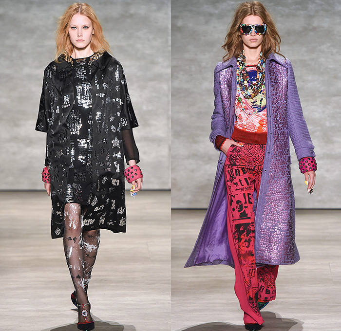 Libertine 2015 Spring Summer Womens Runway Catwalk Looks - Mercedes-Benz Fashion Week New York MBFW Designer Johnson Hartig - 1970s Seventies Pop Art 3D Embellishments Sequins Beads Devil Roses Embroidery Coatdress Outerwear Trench Coat Stockings Knit Sweater Jumper Necklace Flowers Florals Geometric Dress Jacket Vest Waistcoat Fringes Tiger Cub Graphic Furry Sheer Chiffon Furry Balls Skirt Frock Shirtdress Blousedress