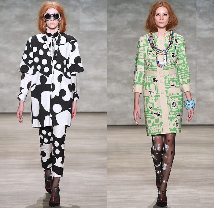 Libertine 2015 Spring Summer Womens Runway Catwalk Looks - Mercedes-Benz Fashion Week New York MBFW Designer Johnson Hartig - 1970s Seventies Pop Art 3D Embellishments Sequins Beads Devil Roses Embroidery Coatdress Outerwear Trench Coat Stockings Knit Sweater Jumper Necklace Flowers Florals Geometric Dress Jacket Vest Waistcoat Fringes Tiger Cub Graphic Furry Sheer Chiffon Furry Balls Skirt Frock Shirtdress Blousedress