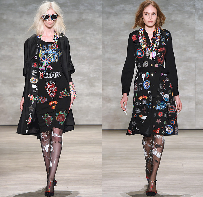 Libertine 2015 Spring Summer Womens Runway Catwalk Looks - Mercedes-Benz Fashion Week New York MBFW Designer Johnson Hartig - 1970s Seventies Pop Art 3D Embellishments Sequins Beads Devil Roses Embroidery Coatdress Outerwear Trench Coat Stockings Knit Sweater Jumper Necklace Flowers Florals Geometric Dress Jacket Vest Waistcoat Fringes Tiger Cub Graphic Furry Sheer Chiffon Furry Balls Skirt Frock Shirtdress Blousedress