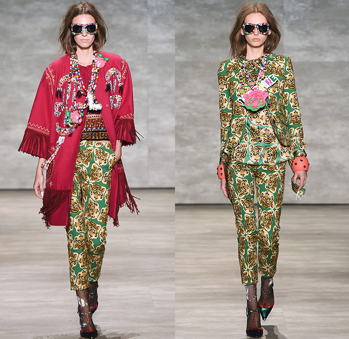 Libertine 2015 Spring Summer Womens Runway Catwalk Looks - Mercedes-Benz Fashion Week New York MBFW Designer Johnson Hartig - 1970s Seventies Pop Art 3D Embellishments Sequins Beads Devil Roses Embroidery Coatdress Outerwear Trench Coat Stockings Knit Sweater Jumper Necklace Flowers Florals Geometric Dress Jacket Vest Waistcoat Fringes Tiger Cub Graphic Furry Sheer Chiffon Furry Balls Skirt Frock Shirtdress Blousedress