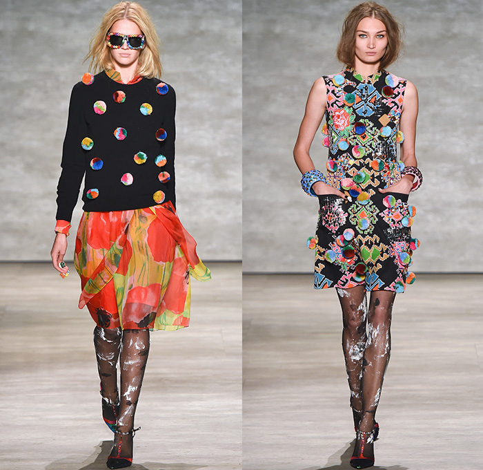 Libertine 2015 Spring Summer Womens Runway Catwalk Looks - Mercedes-Benz Fashion Week New York MBFW Designer Johnson Hartig - 1970s Seventies Pop Art 3D Embellishments Sequins Beads Devil Roses Embroidery Coatdress Outerwear Trench Coat Stockings Knit Sweater Jumper Necklace Flowers Florals Geometric Dress Jacket Vest Waistcoat Fringes Tiger Cub Graphic Furry Sheer Chiffon Furry Balls Skirt Frock Shirtdress Blousedress