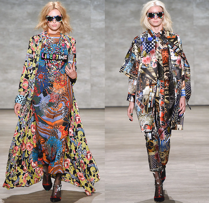 Libertine 2015 Spring Summer Womens Runway Catwalk Looks - Mercedes-Benz Fashion Week New York MBFW Designer Johnson Hartig - 1970s Seventies Pop Art 3D Embellishments Sequins Beads Devil Roses Embroidery Coatdress Outerwear Trench Coat Stockings Knit Sweater Jumper Necklace Flowers Florals Geometric Dress Jacket Vest Waistcoat Fringes Tiger Cub Graphic Furry Sheer Chiffon Furry Balls Skirt Frock Shirtdress Blousedress