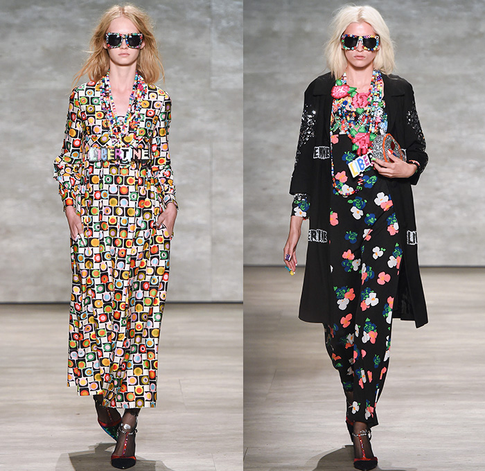 Libertine 2015 Spring Summer Womens Runway Catwalk Looks - Mercedes-Benz Fashion Week New York MBFW Designer Johnson Hartig - 1970s Seventies Pop Art 3D Embellishments Sequins Beads Devil Roses Embroidery Coatdress Outerwear Trench Coat Stockings Knit Sweater Jumper Necklace Flowers Florals Geometric Dress Jacket Vest Waistcoat Fringes Tiger Cub Graphic Furry Sheer Chiffon Furry Balls Skirt Frock Shirtdress Blousedress