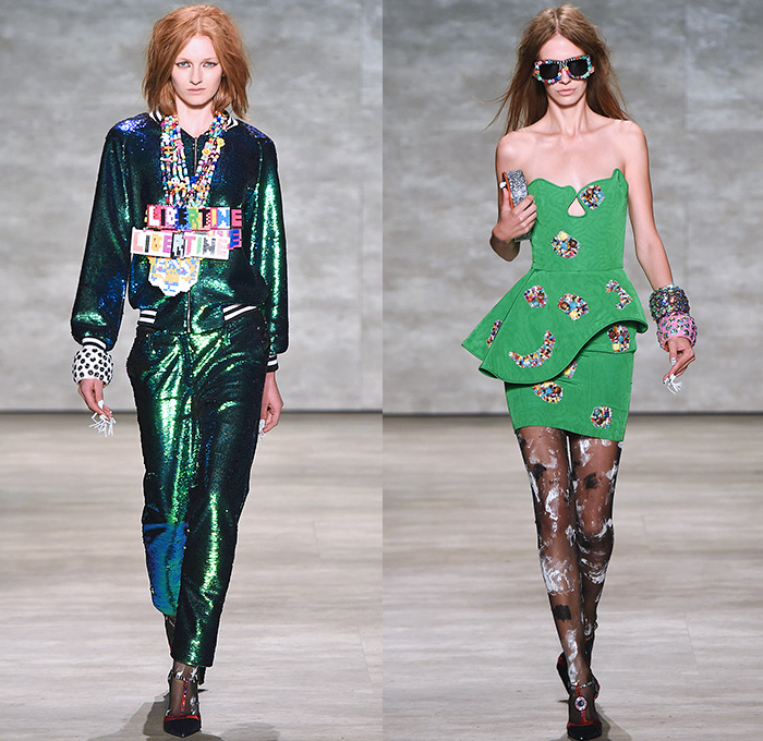 Libertine 2015 Spring Summer Womens Runway Catwalk Looks - Mercedes-Benz Fashion Week New York MBFW Designer Johnson Hartig - 1970s Seventies Pop Art 3D Embellishments Sequins Beads Devil Roses Embroidery Coatdress Outerwear Trench Coat Stockings Knit Sweater Jumper Necklace Flowers Florals Geometric Dress Jacket Vest Waistcoat Fringes Tiger Cub Graphic Furry Sheer Chiffon Furry Balls Skirt Frock Shirtdress Blousedress