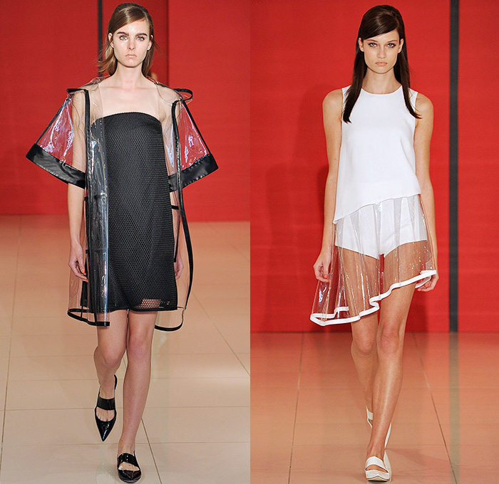 Lisa Perry 2015 Spring Summer Womens Runway Catwalk Looks - New York Fashion Week - Plastic Vinyl Rainwear Mesh Jacket Wide Sleeves Shorts Skirt Frock Pleats Sleeveless Blouse High Waist Crop Top Midriff One Piece Onesie Jumpsuit Boiler Suit Coveralls Paint Strokes Extra Panel Wide Leg Trousers Palazzo Pants Zipper Shirtdress Tunicdress Maxi Dress