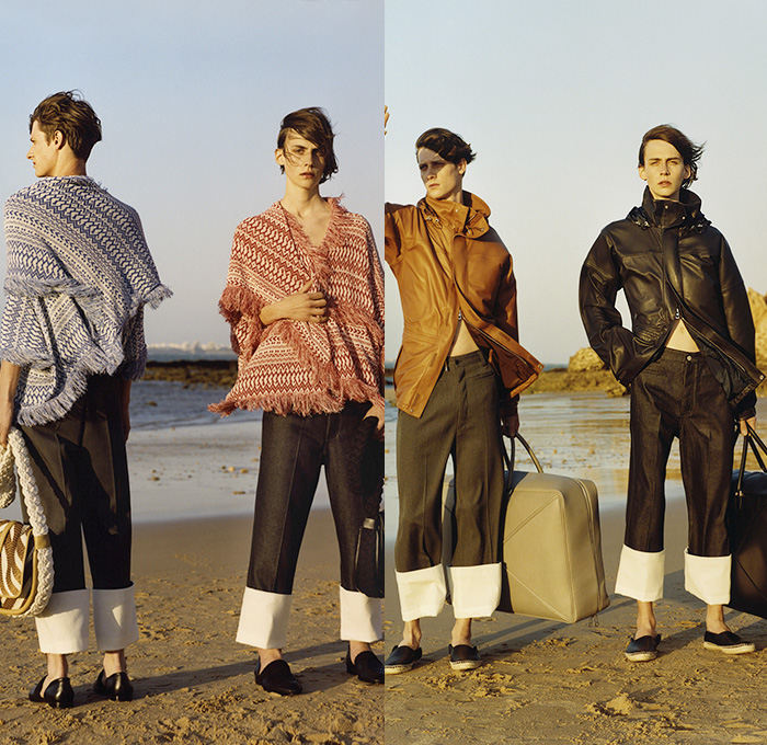 Loewe 2015 Spring Summer Mens Lookbook Collection Presentation - Mode à Paris Fashion Week Mode Masculine France - Denim Jeans Trousers Pants Fringes Wrap Knit Roll Up Fold Leather Outerwear Parka Coat Luggage Tote Bags Scarf Duffel Caftan Kaftan Sweater Jumper Stripes Shirt Tunic Sneakers Motorcycle Biker Rider Jacket Vest Waistcoat Zippers