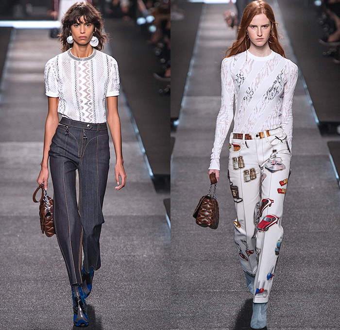 Louis Vuitton 2015 Spring Summer Womens Runway Catwalk Looks - Mode à Paris Fashion Week Prêt-à-Porter Mode Féminin Femme France Designer Nicolas Ghesquière - Denim Jeans Shorts 1970s Seventies Lace Mesh Ruffles Velvet Sequins Multi-Panel Zigzag Blazer Flare Knit Weave Sweater Jumper Knee Panels Guards Flowers Florals Wide Leg Palazzo Pants Cropped Trousers Babydoll Dress Below The Knee Boots Moto Biker