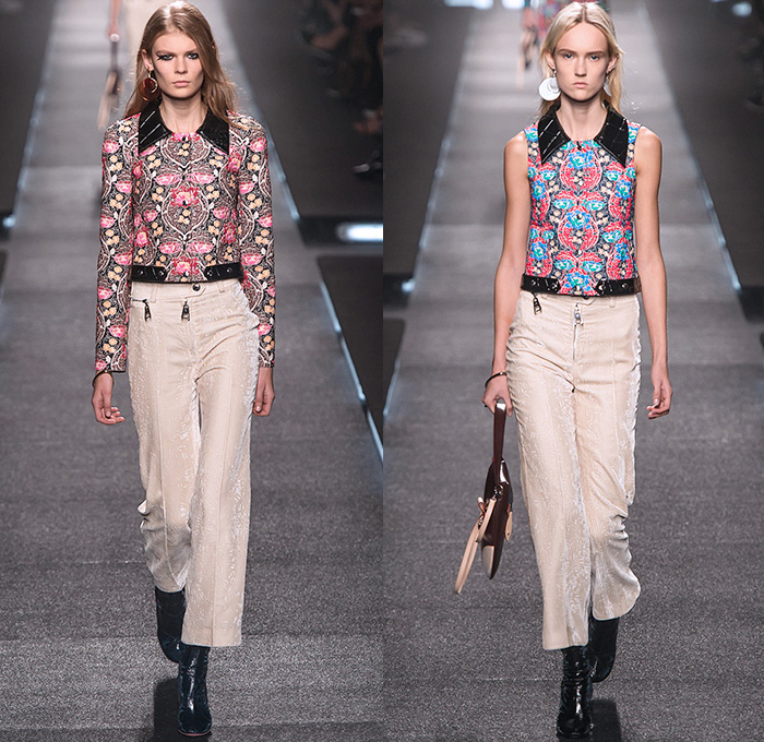 Louis Vuitton 2015 Spring Summer Womens Runway Catwalk Looks - Mode à Paris Fashion Week Prêt-à-Porter Mode Féminin Femme France Designer Nicolas Ghesquière - Denim Jeans Shorts 1970s Seventies Lace Mesh Ruffles Velvet Sequins Multi-Panel Zigzag Blazer Flare Knit Weave Sweater Jumper Knee Panels Guards Flowers Florals Wide Leg Palazzo Pants Cropped Trousers Babydoll Dress Below The Knee Boots Moto Biker