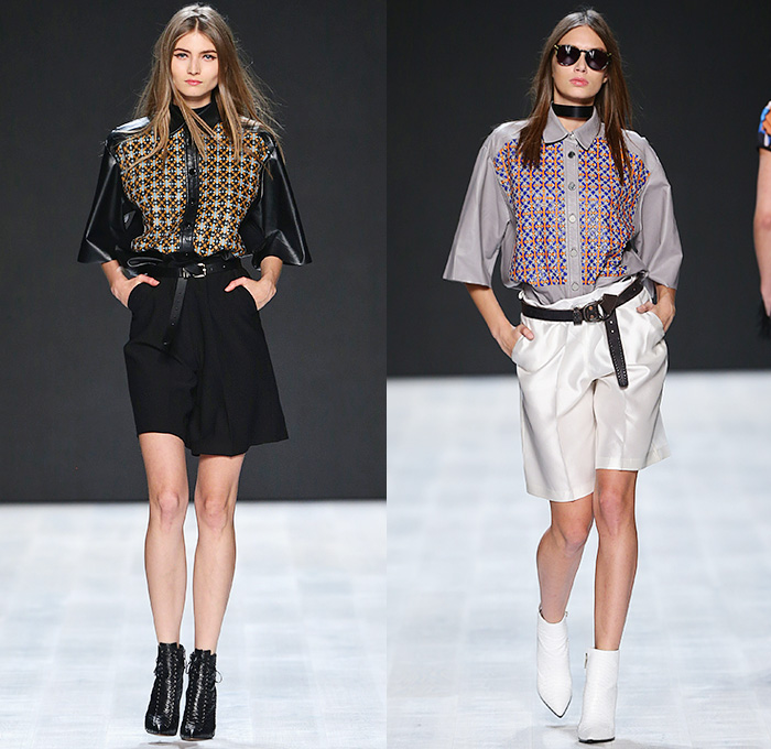 Lug Von Siga 2015 Spring Summer Womens Runway Catwalk Looks - Mercedes-Benz Fashion Days Zurich Switzerland Swiss - Dress Lace Up Metallic Silk Grommets Scarf Geometric Low V-Neck Belted Waist Shorts Skirt Frock Shirt Blouse Fringes Wide Leg Trousers Palazzo Pants Culottes Sleeveless Ruffles Tiered Embroidery 3D Embellishments Adornments Ornamental Print Decorative Art Sheer Chiffon Noodle Spaghetti Strap