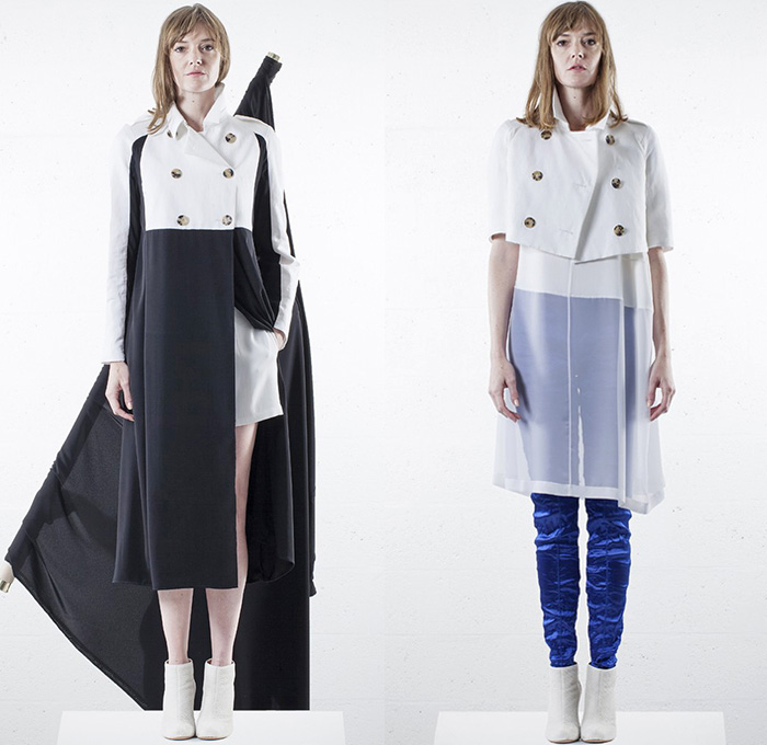 Lutz Huelle 2015 Spring Summer Womens Lookbook Presentation - Mode à Paris Fashion Week Prêt-à-Porter Mode Féminin Femme France - Trenchdress Coatdress Crop Top Midriff Sheer Chiffon Metallic Silk Chunky Knit Weave Asymmetrical Hem Crochet Windowpane Broken Check Cross X-Shape Outerwear Bomber Jacket Skirt Frock Drapery Dress Ruched Ruffles Kimono Wrap Paint Strokes Abstract Artwork Sequins Steel Pattern Stripes Pleats