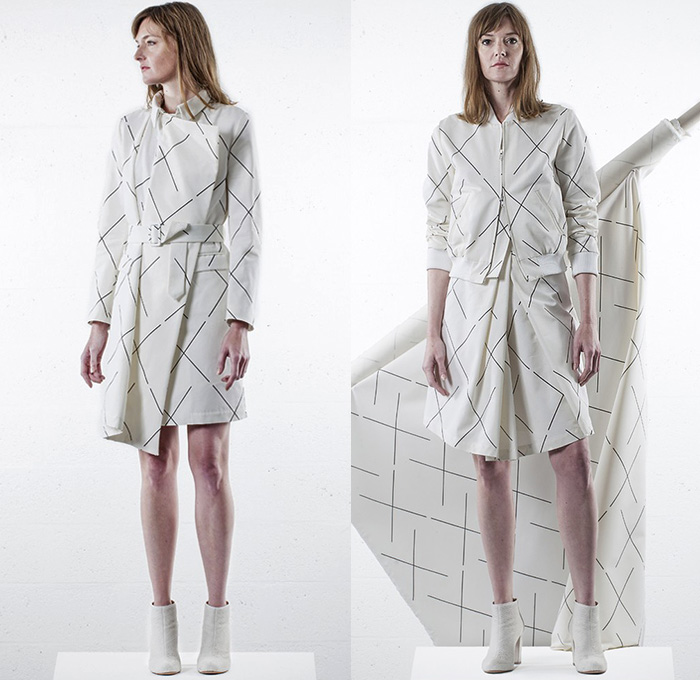 Lutz Huelle 2015 Spring Summer Womens Lookbook Presentation - Mode à Paris Fashion Week Prêt-à-Porter Mode Féminin Femme France - Trenchdress Coatdress Crop Top Midriff Sheer Chiffon Metallic Silk Chunky Knit Weave Asymmetrical Hem Crochet Windowpane Broken Check Cross X-Shape Outerwear Bomber Jacket Skirt Frock Drapery Dress Ruched Ruffles Kimono Wrap Paint Strokes Abstract Artwork Sequins Steel Pattern Stripes Pleats