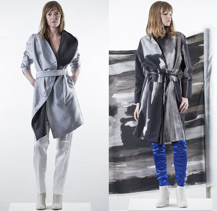 Lutz Huelle 2015 Spring Summer Womens Lookbook Presentation - Mode à Paris Fashion Week Prêt-à-Porter Mode Féminin Femme France - Trenchdress Coatdress Crop Top Midriff Sheer Chiffon Metallic Silk Chunky Knit Weave Asymmetrical Hem Crochet Windowpane Broken Check Cross X-Shape Outerwear Bomber Jacket Skirt Frock Drapery Dress Ruched Ruffles Kimono Wrap Paint Strokes Abstract Artwork Sequins Steel Pattern Stripes Pleats