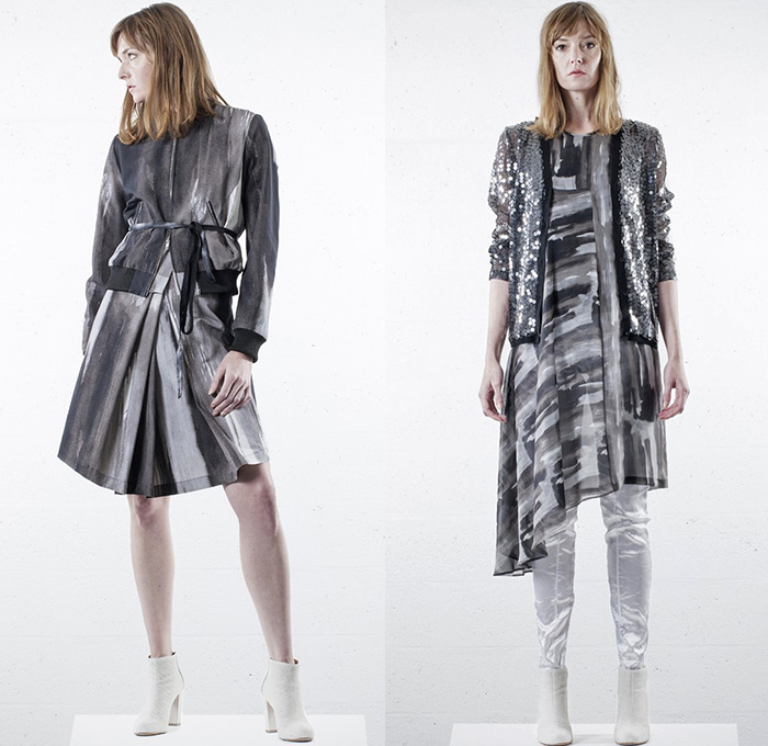 Lutz Huelle 2015 Spring Summer Womens Lookbook Presentation - Mode à Paris Fashion Week Prêt-à-Porter Mode Féminin Femme France - Trenchdress Coatdress Crop Top Midriff Sheer Chiffon Metallic Silk Chunky Knit Weave Asymmetrical Hem Crochet Windowpane Broken Check Cross X-Shape Outerwear Bomber Jacket Skirt Frock Drapery Dress Ruched Ruffles Kimono Wrap Paint Strokes Abstract Artwork Sequins Steel Pattern Stripes Pleats