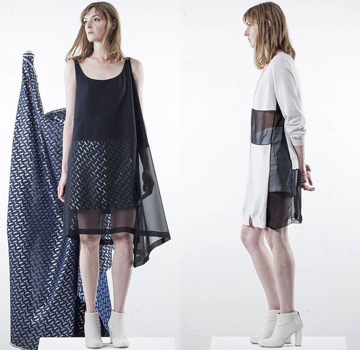 Lutz Huelle 2015 Spring Summer Womens Lookbook Presentation - Mode à Paris Fashion Week Prêt-à-Porter Mode Féminin Femme France - Trenchdress Coatdress Crop Top Midriff Sheer Chiffon Metallic Silk Chunky Knit Weave Asymmetrical Hem Crochet Windowpane Broken Check Cross X-Shape Outerwear Bomber Jacket Skirt Frock Drapery Dress Ruched Ruffles Kimono Wrap Paint Strokes Abstract Artwork Sequins Steel Pattern Stripes Pleats