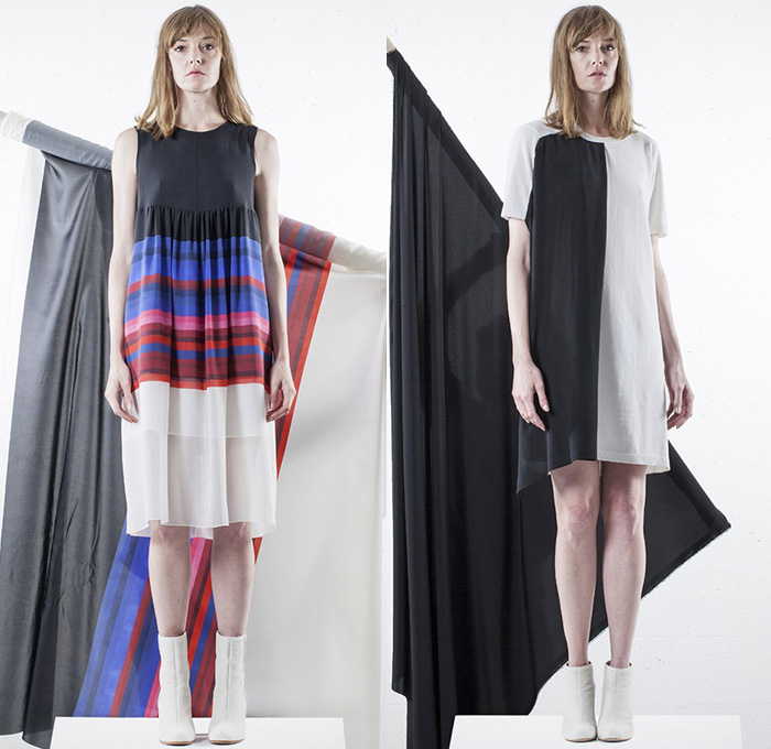 Lutz Huelle 2015 Spring Summer Womens Lookbook Presentation - Mode à Paris Fashion Week Prêt-à-Porter Mode Féminin Femme France - Trenchdress Coatdress Crop Top Midriff Sheer Chiffon Metallic Silk Chunky Knit Weave Asymmetrical Hem Crochet Windowpane Broken Check Cross X-Shape Outerwear Bomber Jacket Skirt Frock Drapery Dress Ruched Ruffles Kimono Wrap Paint Strokes Abstract Artwork Sequins Steel Pattern Stripes Pleats