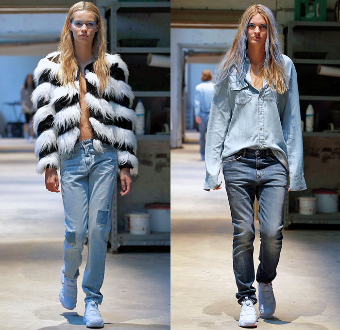 Mads Nørgaard 2015 Spring Summer Womens Runway Catwalk Looks - Copenhagen Fashion Week Denmark - Denim Jeans Retro Fade Classic Fit Patchwork Furry Outerwear Coat Sneakers Trainers Elastic Waistband Shorts Trucker Jacket Nylon Rainwear Anorak Drawstring White Ensemble Wide Leg Culottes Gauchos Shirtdress Stripes Maxi Dress Minimalist Casuals