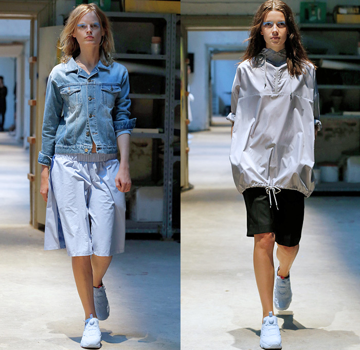 Mads Nørgaard 2015 Spring Summer Womens Runway Catwalk Looks - Copenhagen Fashion Week Denmark - Denim Jeans Retro Fade Classic Fit Patchwork Furry Outerwear Coat Sneakers Trainers Elastic Waistband Shorts Trucker Jacket Nylon Rainwear Anorak Drawstring White Ensemble Wide Leg Culottes Gauchos Shirtdress Stripes Maxi Dress Minimalist Casuals