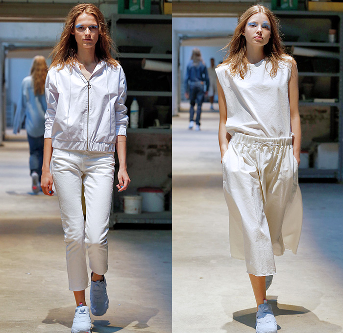 Mads Nørgaard 2015 Spring Summer Womens Runway Catwalk Looks - Copenhagen Fashion Week Denmark - Denim Jeans Retro Fade Classic Fit Patchwork Furry Outerwear Coat Sneakers Trainers Elastic Waistband Shorts Trucker Jacket Nylon Rainwear Anorak Drawstring White Ensemble Wide Leg Culottes Gauchos Shirtdress Stripes Maxi Dress Minimalist Casuals