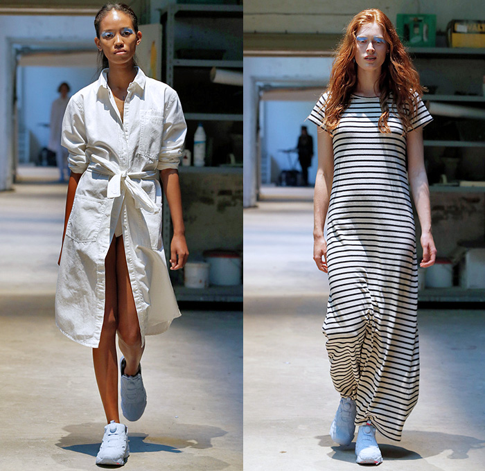 Mads Nørgaard 2015 Spring Summer Womens Runway Catwalk Looks - Copenhagen Fashion Week Denmark - Denim Jeans Retro Fade Classic Fit Patchwork Furry Outerwear Coat Sneakers Trainers Elastic Waistband Shorts Trucker Jacket Nylon Rainwear Anorak Drawstring White Ensemble Wide Leg Culottes Gauchos Shirtdress Stripes Maxi Dress Minimalist Casuals