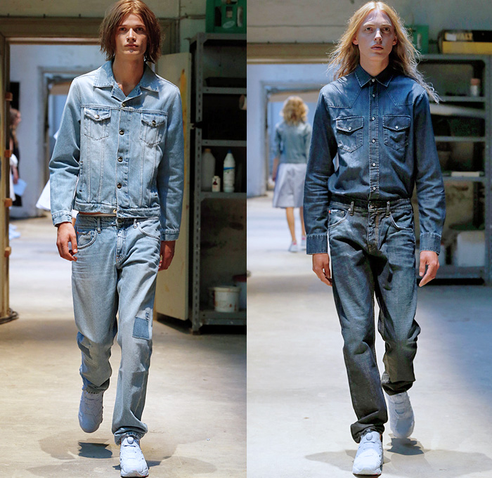 Mads Nørgaard 2015 Spring Summer Mens Runway Catwalk Looks - Copenhagen Fashion Week Denmark - Denim Jeans Retro Fade Classic Fit Patchwork Furry Outerwear Coat Sneakers Trainers Elastic Waistband Shorts Trucker Jacket Nylon Rainwear Anorak Drawstring White Ensemble Wide Leg Culottes Gauchos Shirtdress Stripes Maxi Dress Minimalist Casuals