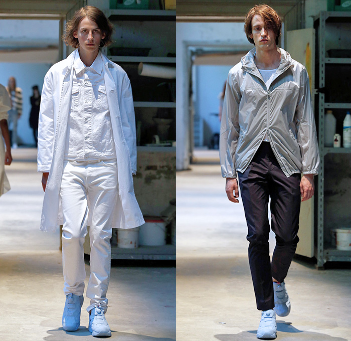 Mads Nørgaard 2015 Spring Summer Mens Runway Catwalk Looks - Copenhagen Fashion Week Denmark - Denim Jeans Retro Fade Classic Fit Patchwork Furry Outerwear Coat Sneakers Trainers Elastic Waistband Shorts Trucker Jacket Nylon Rainwear Anorak Drawstring White Ensemble Wide Leg Culottes Gauchos Shirtdress Stripes Maxi Dress Minimalist Casuals