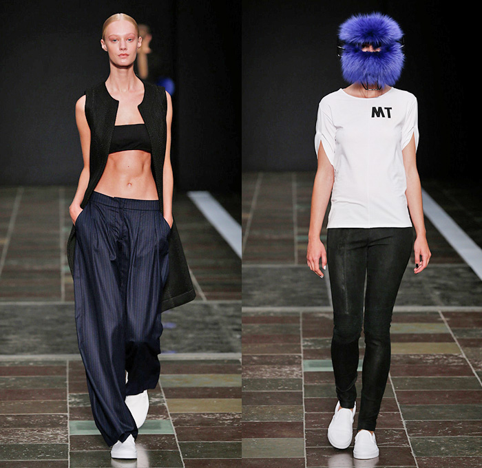 Maikel Tawadros 2015 Spring Summer Womens Runway Catwalk Looks - Copenhagen Fashion Week Denmark - Wide Leg Pants Trousers Palazzo Pants Crop Top Midriff Bandeau Top Vest Waistcoat Catchers Mask Cinch Sleeves Lace Up Skinny Leggings Angular Handkerchief Asymmetrical Hem Sleeveless Mesh Peek-A-Boo Compression Shorts Dress Sweater Jumper Skirt Frock Capelet Blouse Button Down Shirt Ribbed Elbows Knit Furry Shorts Cutout Waist Zipper