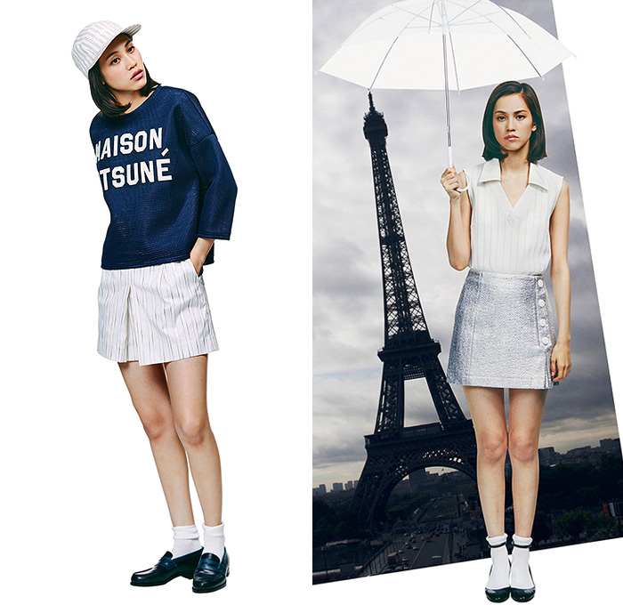 Maison Kitsuné 2015 Spring Summer Womens Lookbook Presentation - New York Fashion Week - Effortless French Trucker Jacket Metallic Silver Pink Green Shirtdress Stripes Outerwear Coat Bomber Jacket Skirt Frock Sneakers Miniskirt Sleeveless Tankdress Blouse Shorts Cloak Cape