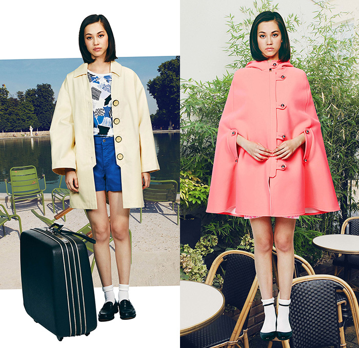 Maison Kitsuné 2015 Spring Summer Womens Lookbook Presentation - New York Fashion Week - Effortless French Trucker Jacket Metallic Silver Pink Green Shirtdress Stripes Outerwear Coat Bomber Jacket Skirt Frock Sneakers Miniskirt Sleeveless Tankdress Blouse Shorts Cloak Cape