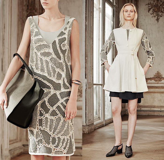 Maiyet 2015 Spring Summer Womens Lookbook Presentation - Paris Fashion Week Prêt-à-Porter Mode Féminin Femme France - Embroidery Lace Knit Weave Crochet Leaves Foliage Fauna Jumpsuit Asymmetrical Hem Shorts Leather Blazer Skirt Frock Shirt Shorts Culottes Dress Sweater Jumper Belted Waist Pantsuit Banded Strap Wide Leg Palazzo Pants Trousers Corset Coat Tuxedo Cocktail Jacket Kimono Wrap One Off Shoulder Gown Tiered