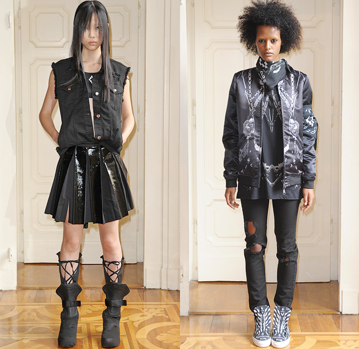Marcelo Burlon County of Milan 2015 Spring Summer Womens Lookbook Presentation - Milano Moda Donna Collezione Milan Fashion Week Italy Camera Nazionale della Moda Italiana - White Denim Jeans Vest Frayed Tied Up Waist Destroyed Destructed Ripped Holes Skinny Boots Streetwear Grunge Accordion Pleats Skirt Frock Outerwear Bomber Jacket Motorcycle Biker Rider Leather Cut Off Shorts Sheer Chiffon Shawl Cargo Pants Crop Top Midriff