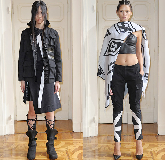 Marcelo Burlon County of Milan 2015 Spring Summer Womens Lookbook Presentation - Milano Moda Donna Collezione Milan Fashion Week Italy Camera Nazionale della Moda Italiana - White Denim Jeans Vest Frayed Tied Up Waist Destroyed Destructed Ripped Holes Skinny Boots Streetwear Grunge Accordion Pleats Skirt Frock Outerwear Bomber Jacket Motorcycle Biker Rider Leather Cut Off Shorts Sheer Chiffon Shawl Cargo Pants Crop Top Midriff