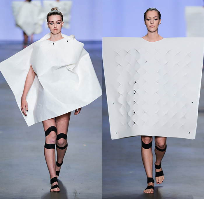 Grazia presents Marga Weimans 2015 Spring Summer Womens Runway Looks - FashionWeek Nederland Amsterdam Netherlands - Organic Shapes White Curves Sheer Chiffon Peek-A-Boo White Ensemble Paper Cardboard Perforated Box Mesh Holes Tunicdress Shirtdress Combo Panels Leather Drapery Sleeve Skirt Jacketskirt Vestskirt Midi Skirt Romper Onesie Combishorts Straps Abstract