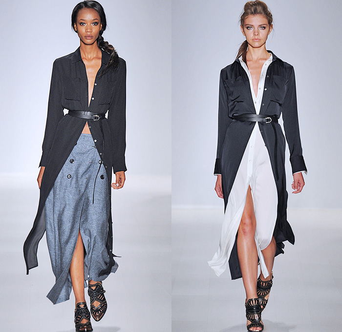 Marissa Webb 2015 Spring Summer Womens Runway Catwalk Looks - Mercedes-Benz Fashion Week New York MBFW - Skinny Denim Jeans Motorcycle Biker Rider Knee Panels Ribbed Outerwear Trench Coat Trenchdress Sash Waist Ribbon Bow Slouchy Oversized Trenchskirt Belted Waist Skirt Frock Shirtdress Tankdress Mesh Pinafore Blousedress Wrap Checks Ruffles Sheer Chiffon Vest Waistcoat Drawstring Crop Top Midriff Cargo Pockets Pleats