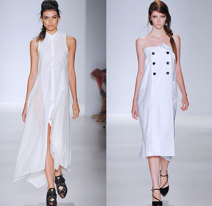 Marissa Webb 2015 Spring Summer Womens Runway Catwalk Looks - Mercedes-Benz Fashion Week New York MBFW - Skinny Denim Jeans Motorcycle Biker Rider Knee Panels Ribbed Outerwear Trench Coat Trenchdress Sash Waist Ribbon Bow Slouchy Oversized Trenchskirt Belted Waist Skirt Frock Shirtdress Tankdress Mesh Pinafore Blousedress Wrap Checks Ruffles Sheer Chiffon Vest Waistcoat Drawstring Crop Top Midriff Cargo Pockets Pleats