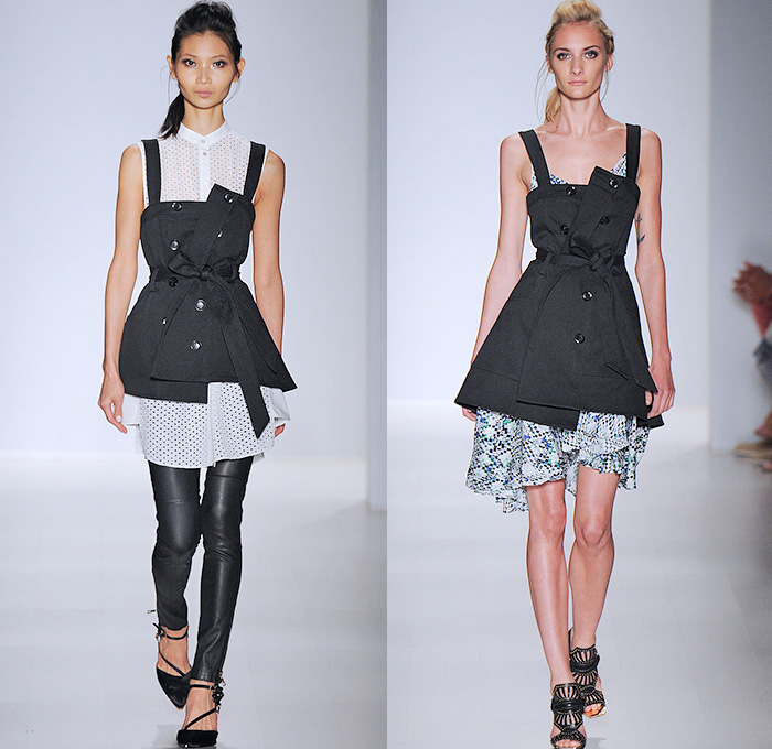 Marissa Webb 2015 Spring Summer Womens Runway Catwalk Looks - Mercedes-Benz Fashion Week New York MBFW - Skinny Denim Jeans Motorcycle Biker Rider Knee Panels Ribbed Outerwear Trench Coat Trenchdress Sash Waist Ribbon Bow Slouchy Oversized Trenchskirt Belted Waist Skirt Frock Shirtdress Tankdress Mesh Pinafore Blousedress Wrap Checks Ruffles Sheer Chiffon Vest Waistcoat Drawstring Crop Top Midriff Cargo Pockets Pleats