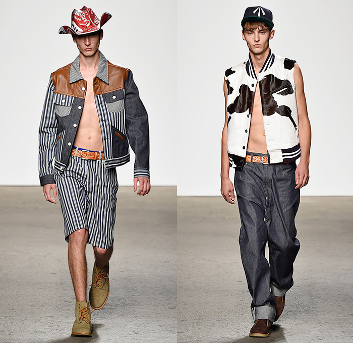 Mark McNairy New Amsterdam 2015 Spring Summer Mens Runway Catwalk Looks - New York Fashion Week - Denim Jeans Trucker Jacket Western Cowboy Shorts Stripes Multi-Panel Patchwork Bombervest Cow Baggy Loose Combishorts Blazer Sportcoat Double Breasted Cargo Pockets Bomber Jacket Polka Dots Camouflage Jungle Streetwear Plaid Outerwear Coat Parka Hoodie Leather Jogging Sweatpants Bird Footprints
