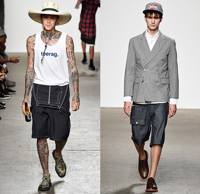 Mark McNairy New Amsterdam 2015 Spring Summer Mens Runway Catwalk Looks - New York Fashion Week - Denim Jeans Trucker Jacket Western Cowboy Shorts Stripes Multi-Panel Patchwork Bombervest Cow Baggy Loose Combishorts Blazer Sportcoat Double Breasted Cargo Pockets Bomber Jacket Polka Dots Camouflage Jungle Streetwear Plaid Outerwear Coat Parka Hoodie Leather Jogging Sweatpants Bird Footprints