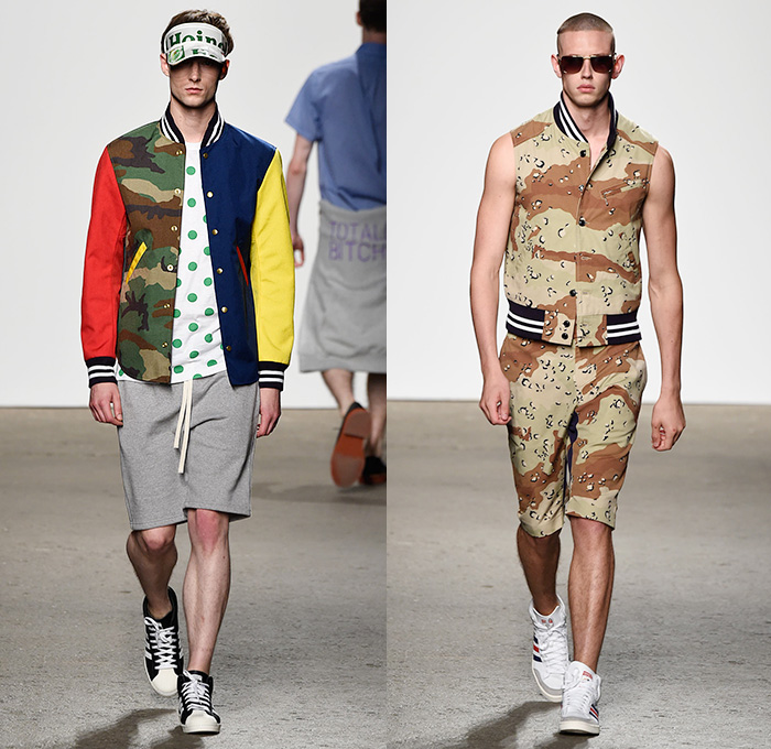 Mark McNairy New Amsterdam 2015 Spring Summer Mens Runway Catwalk Looks - New York Fashion Week - Denim Jeans Trucker Jacket Western Cowboy Shorts Stripes Multi-Panel Patchwork Bombervest Cow Baggy Loose Combishorts Blazer Sportcoat Double Breasted Cargo Pockets Bomber Jacket Polka Dots Camouflage Jungle Streetwear Plaid Outerwear Coat Parka Hoodie Leather Jogging Sweatpants Bird Footprints