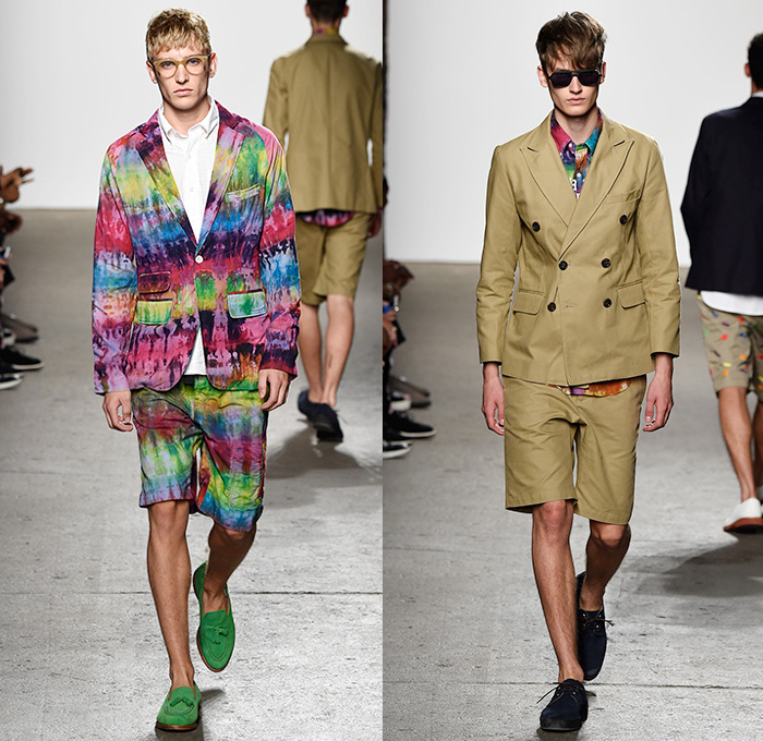 Mark McNairy New Amsterdam 2015 Spring Summer Mens Runway Catwalk Looks - New York Fashion Week - Denim Jeans Trucker Jacket Western Cowboy Shorts Stripes Multi-Panel Patchwork Bombervest Cow Baggy Loose Combishorts Blazer Sportcoat Double Breasted Cargo Pockets Bomber Jacket Polka Dots Camouflage Jungle Streetwear Plaid Outerwear Coat Parka Hoodie Leather Jogging Sweatpants Bird Footprints