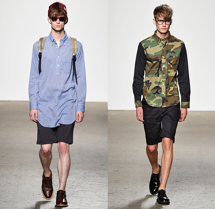 Mark McNairy New Amsterdam 2015 Spring Summer Mens Runway Catwalk Looks - New York Fashion Week - Denim Jeans Trucker Jacket Western Cowboy Shorts Stripes Multi-Panel Patchwork Bombervest Cow Baggy Loose Combishorts Blazer Sportcoat Double Breasted Cargo Pockets Bomber Jacket Polka Dots Camouflage Jungle Streetwear Plaid Outerwear Coat Parka Hoodie Leather Jogging Sweatpants Bird Footprints