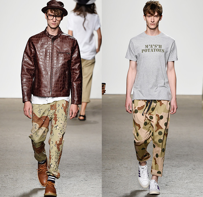 Mark McNairy New Amsterdam 2015 Spring Summer Mens Runway Catwalk Looks - New York Fashion Week - Denim Jeans Trucker Jacket Western Cowboy Shorts Stripes Multi-Panel Patchwork Bombervest Cow Baggy Loose Combishorts Blazer Sportcoat Double Breasted Cargo Pockets Bomber Jacket Polka Dots Camouflage Jungle Streetwear Plaid Outerwear Coat Parka Hoodie Leather Jogging Sweatpants Bird Footprints